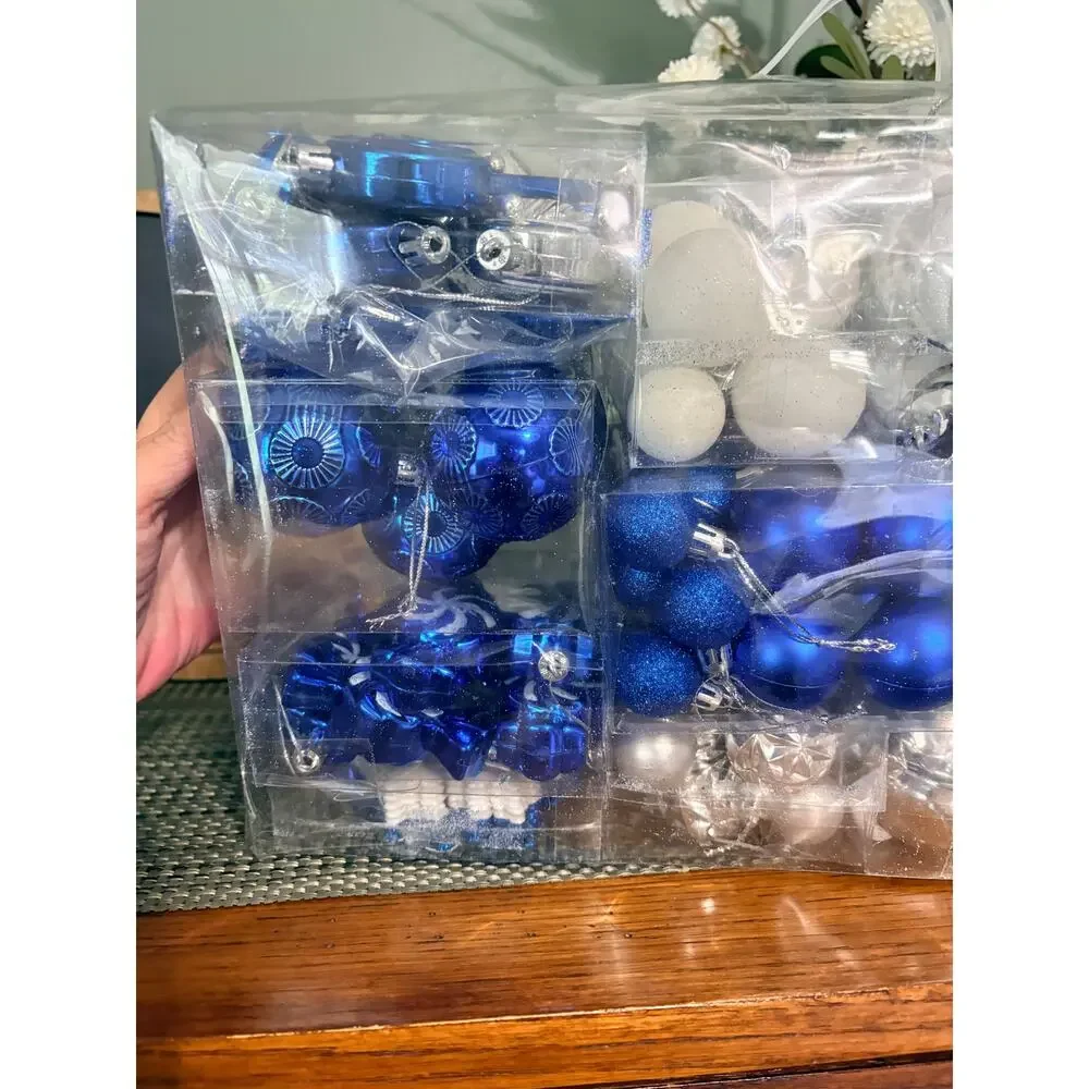 Blue White Silver Shatterproof Christmas Ornaments 130 Pc Set & Star